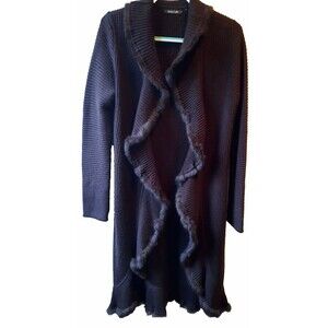 Dolce Cabo Large Waterfall Sweater Cardigan Coat Real Fur Trim Chocolate Brown